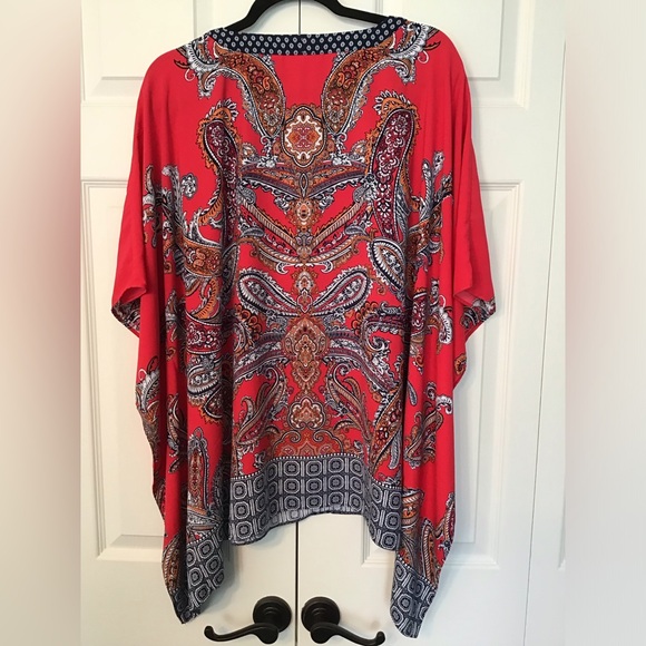 SUSAN GRAVER Bat Sleeve Notched V-Neck Red Paisley Print Caftan Tunic Top XL - Picture 2 of 5
